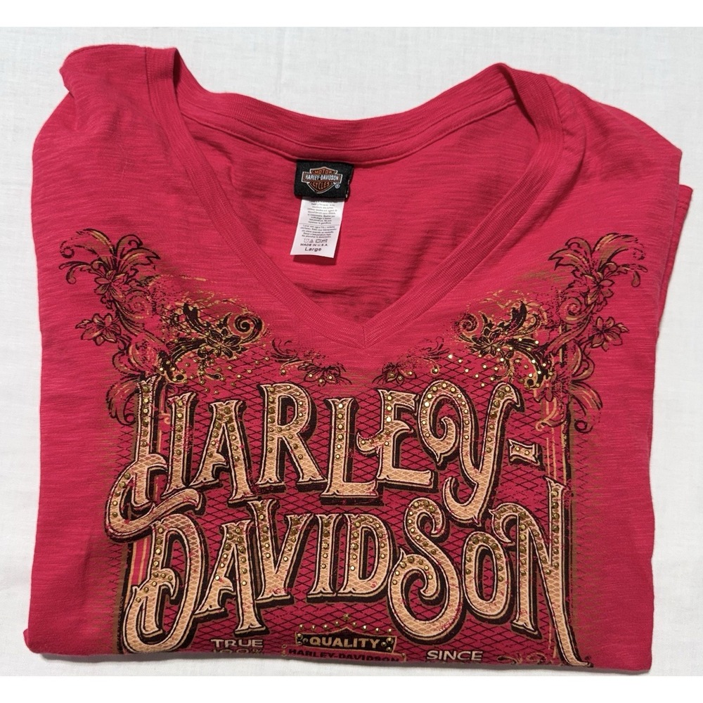 Women's Harley-Davidson Savannah GA Rhinestone V-Neck Red T-Shirt Size L